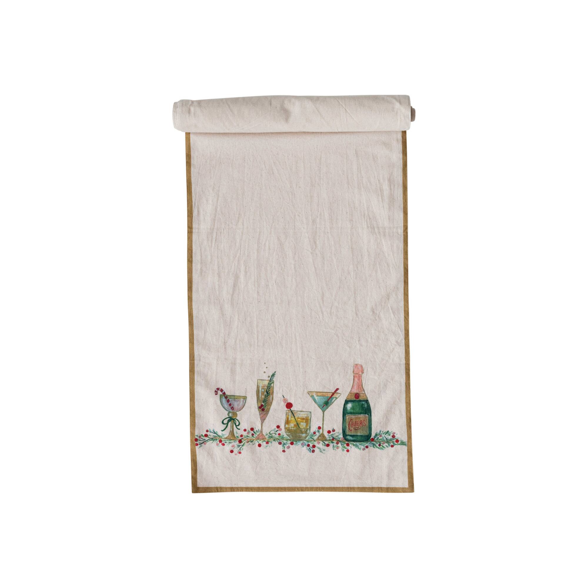 Hello Honey® 72" Holiday Cocktails & Gold Trim Cotton Printed Table Runner